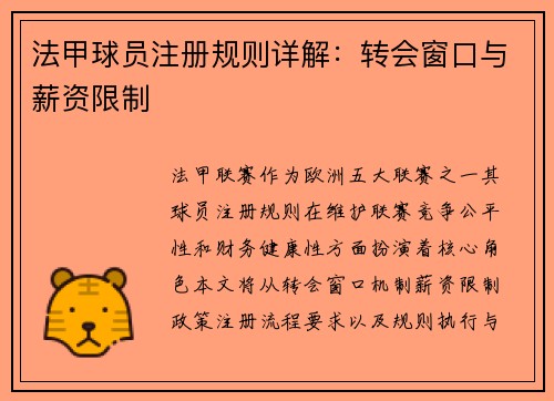 法甲球员注册规则详解：转会窗口与薪资限制